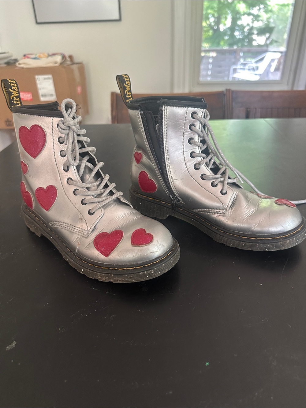 Dr. Martens Kids Metallic Silver Boots with Red Heart Accents